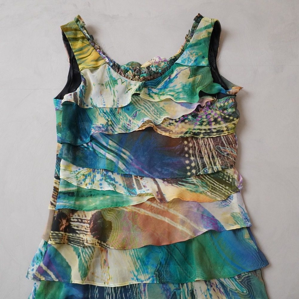 SL Fashions Tiered Ruffle Dress 6P Womens Multi Color Abstract Print Sleeveless - Picture 4 of 7